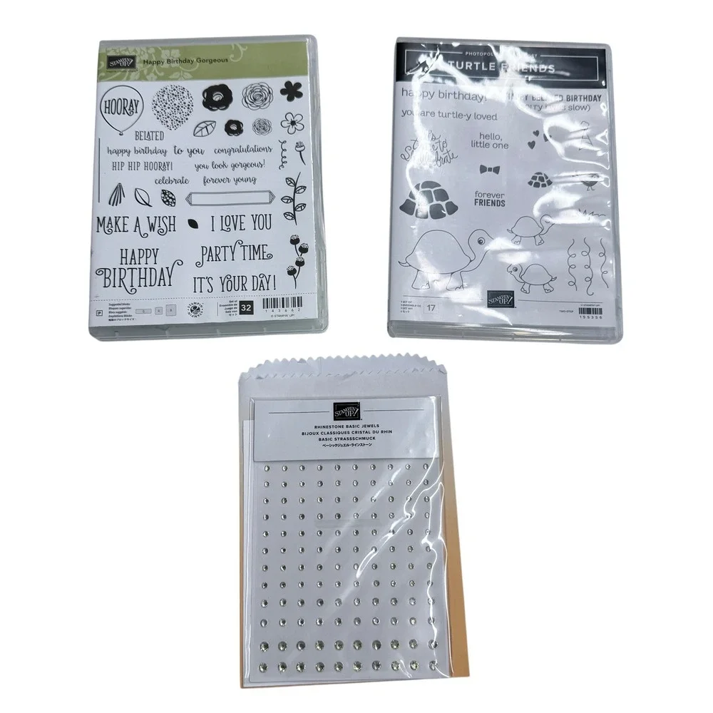 Stampin Up Stamp Set Bundle Turtle Friends  & Happy Birthday Gorgeous Rhinestone